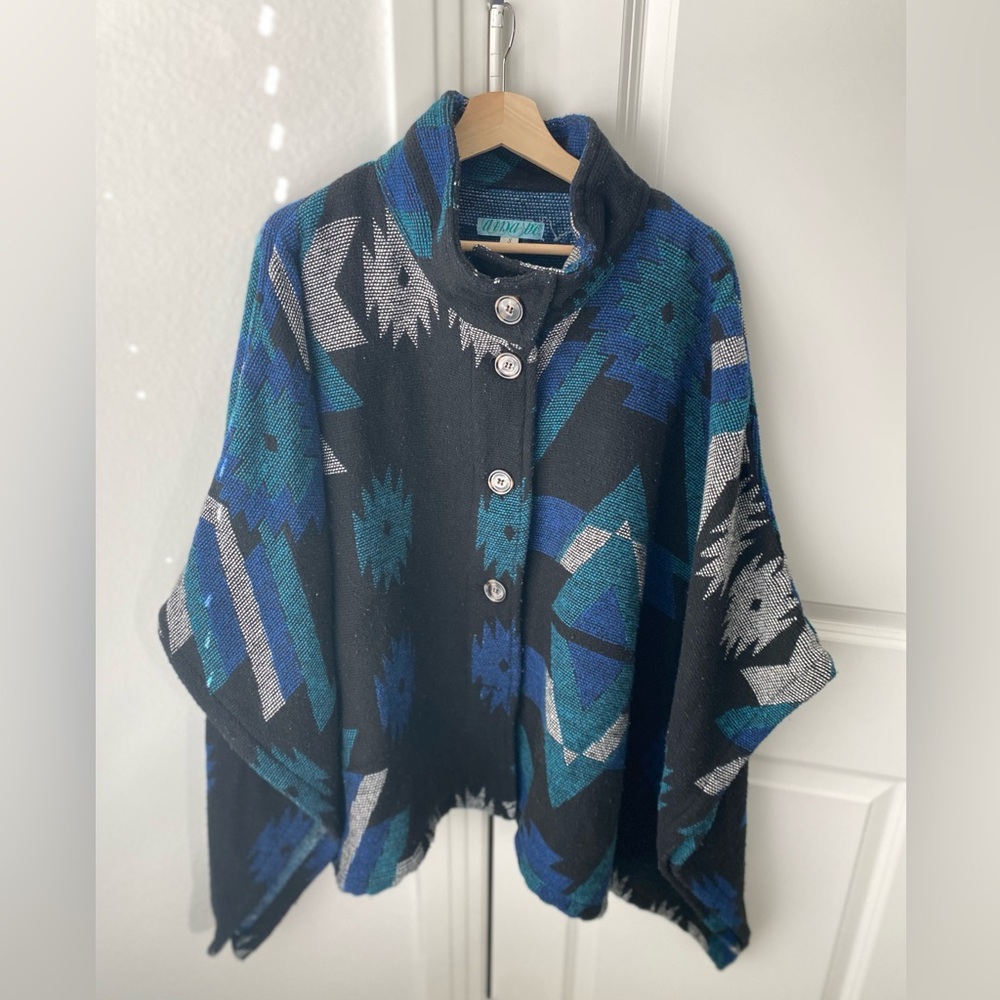 Blanket Poncho in Black and Blues